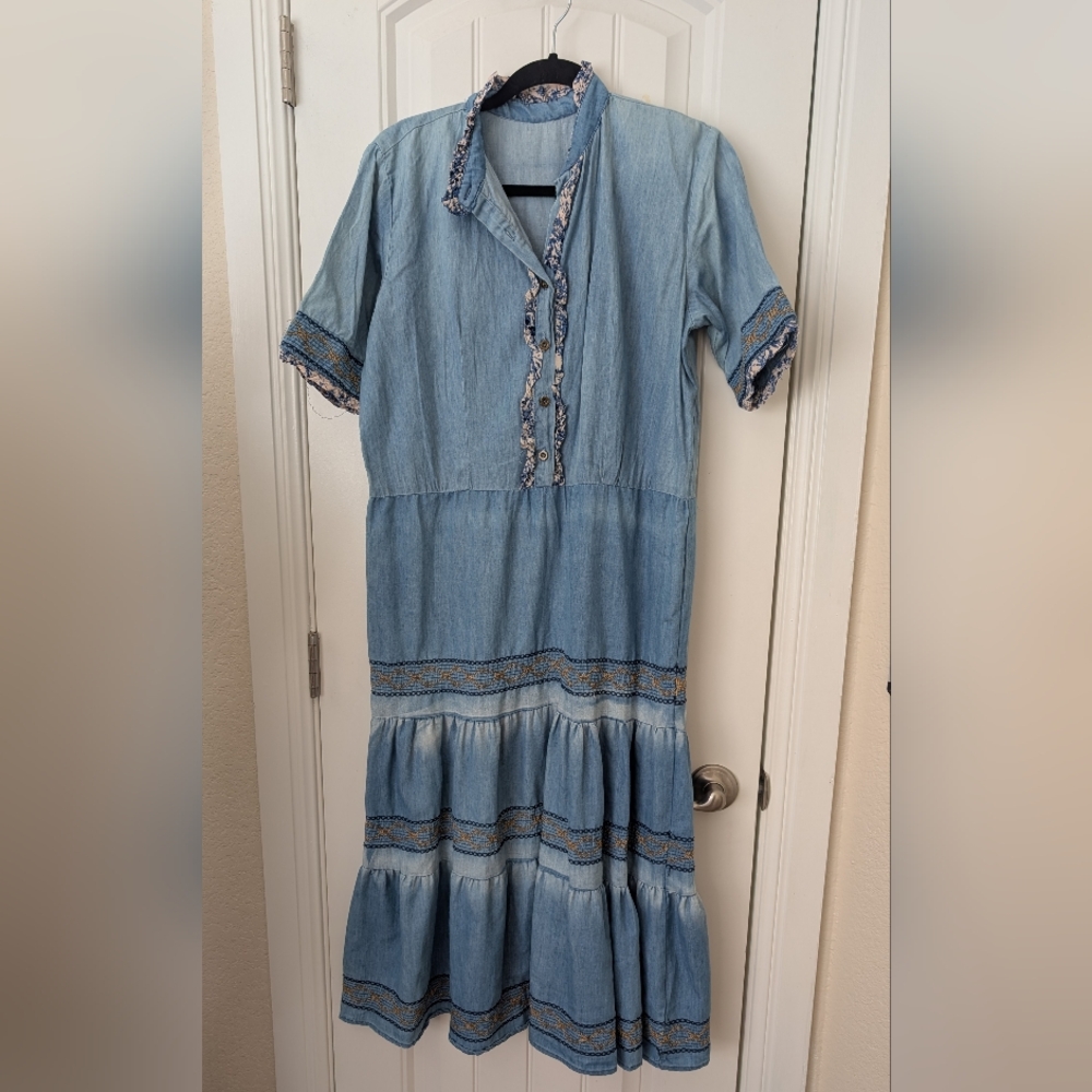 Lapis Blue‎ Denim Tiered Embroidered Maxi Dress M
